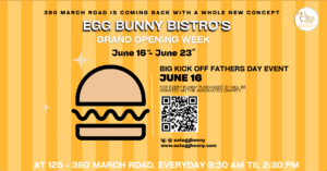 Egg Bunny Bistro's promotional poster for a June 16th community event, benefitting local charities.